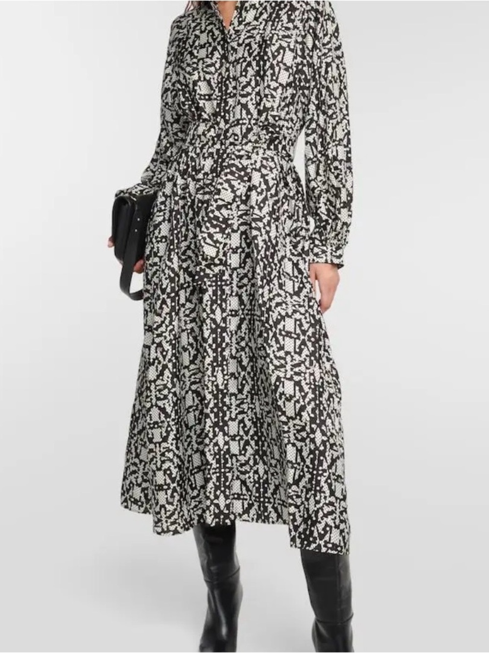 MaxMara Black and White Printed Long-Sleeve Midi Dress